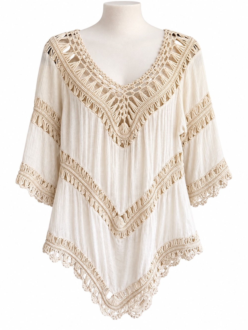 Pretty Angel Cream Textured Linen Boho Macramé Crochet Blouse Top Size Large